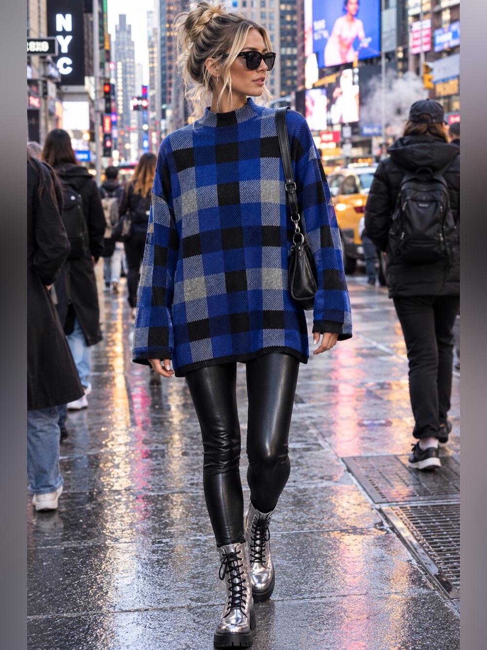 Jones New York Blue Black Gray Plaid Cowl Neck Sweater
